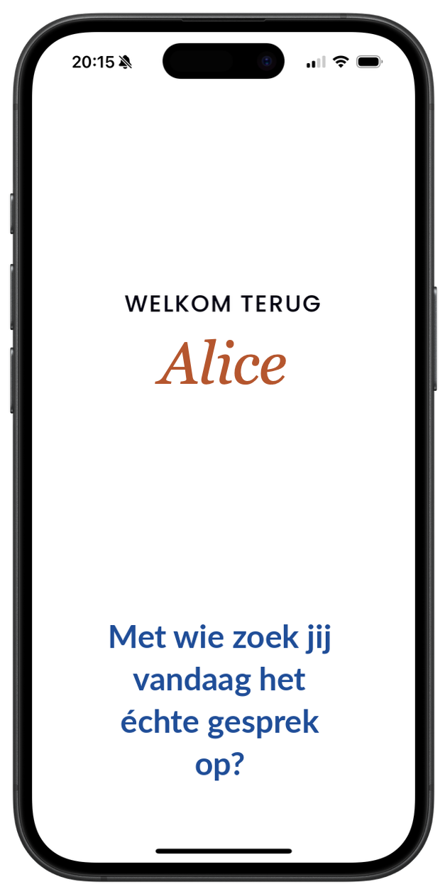 De Pulse-app op een telefoon: een persoonlijke begroeting en een coachende vraag voor vandaag.